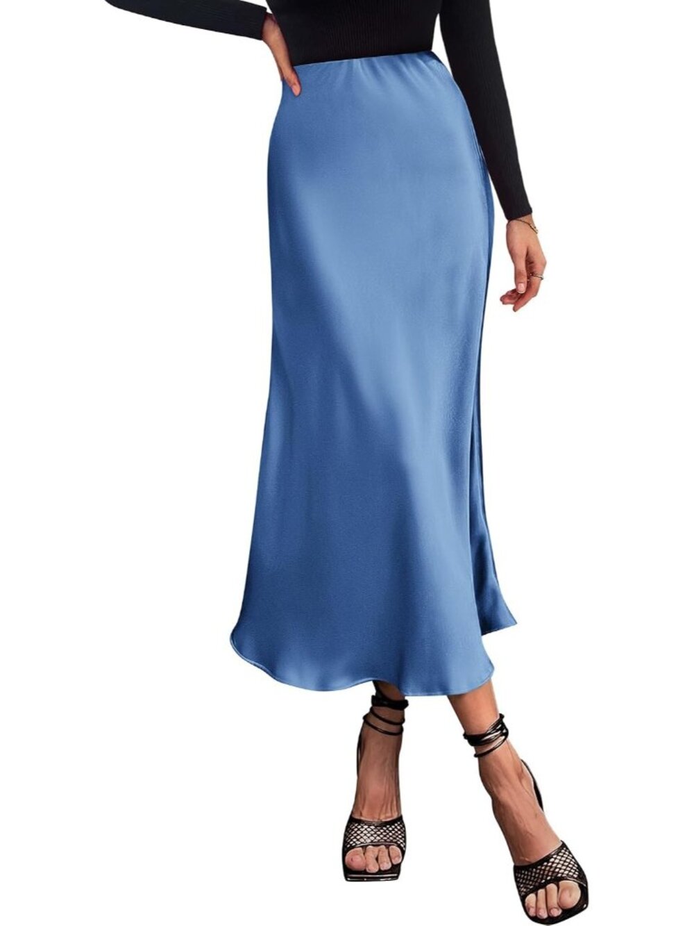 Women Blue High Waist Satin A-Line Elegant Slip Bias Cut Flowy Long Midi Skirt